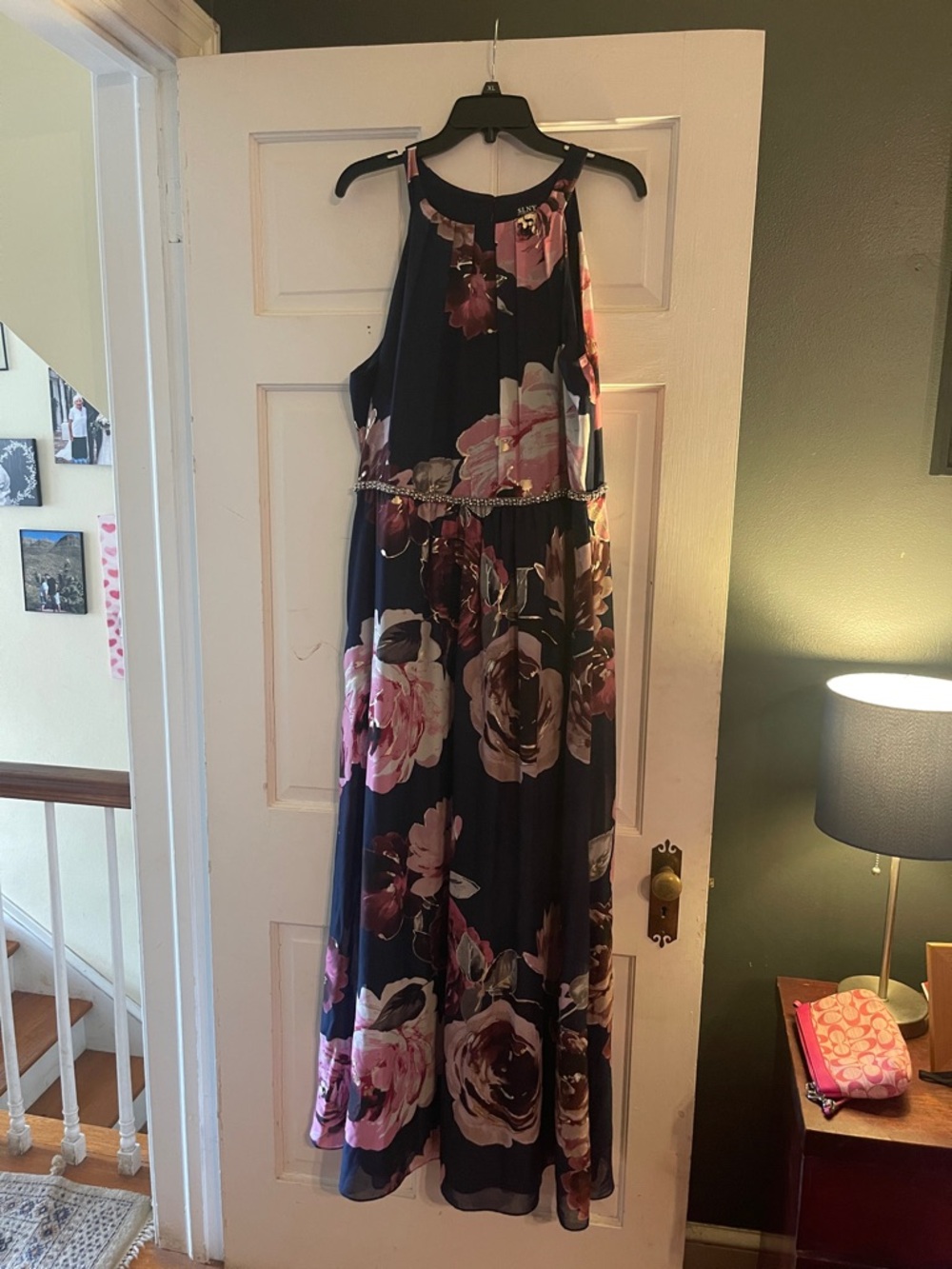 SLNY Navy Dress with Pink and Gold Floral Print